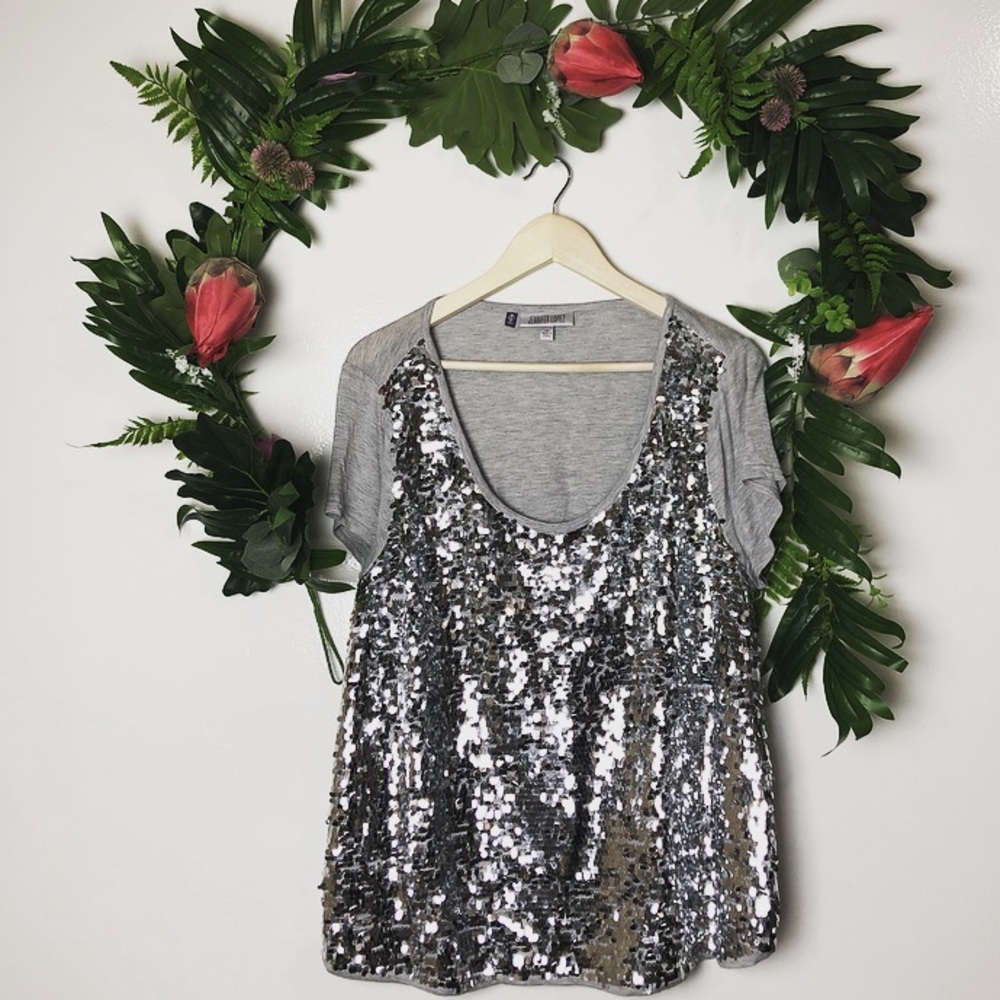 Jennifer Lopez plus size gray silver sequin blouse - Picture 1 of 3